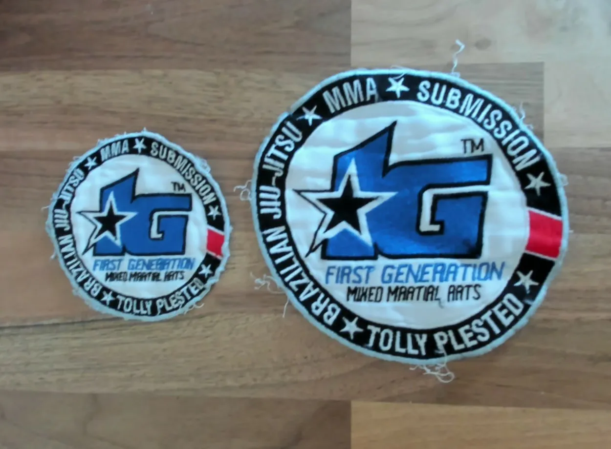 Two 1st Generation gi patches reading Brazilian Jiu-Jitsu, MMA, Submission, Tolly Plested