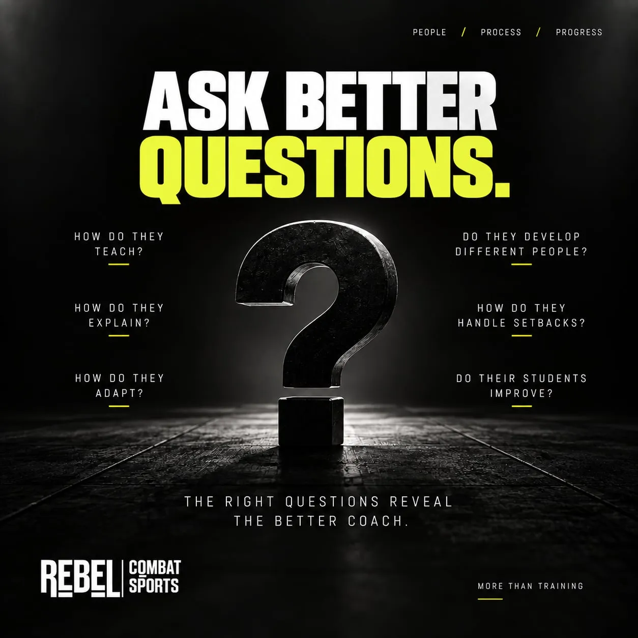 A large question mark standing on a mat under 'Ask better questions', ringed by six prompts: how do they teach, how do they explain, how do they adapt, do they develop different people, how do they handle setbacks, do their students improve