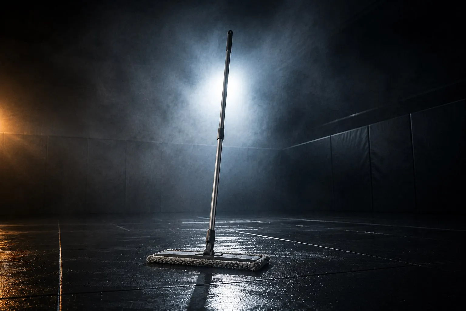 A mop standing on freshly cleaned mats under a single overhead light