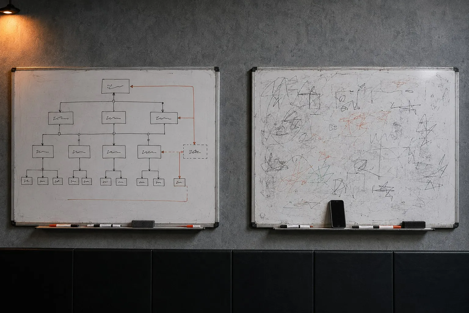 Two whiteboards side by side — one carrying a neat structured plan, the other covered in scribble with a phone propped against it