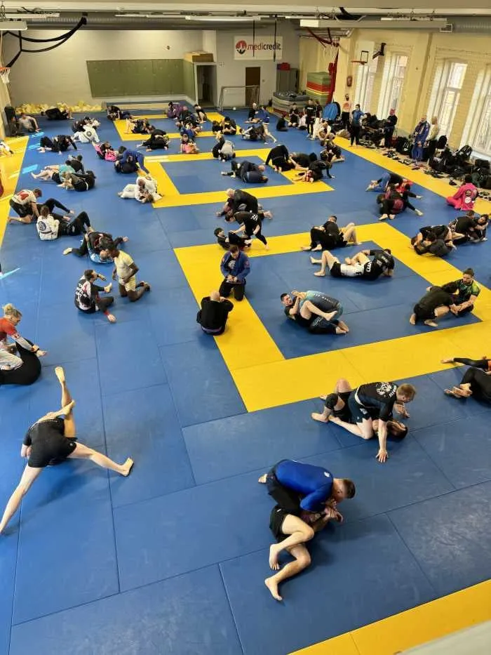 A no-gi session at a BJJ Globetrotters camp seen from the balcony, with pairs from many different clubs working across the mats