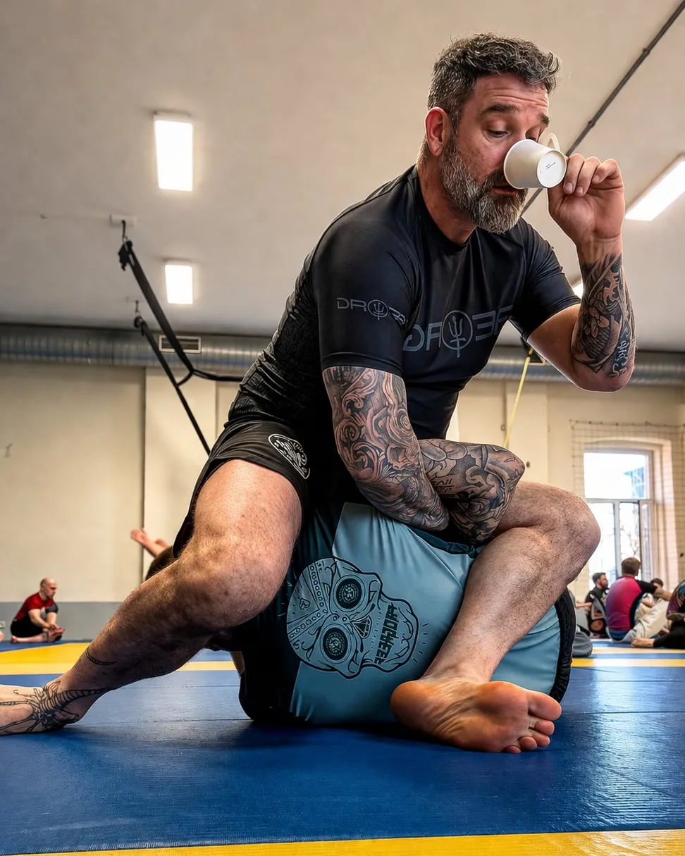 A grappler in a rash guard sits on top of his training partner and sips from a small coffee cup at a Globetrotters camp