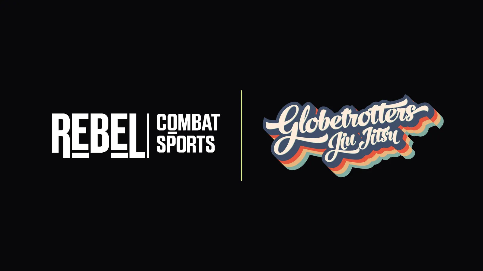 The Rebel Combat Sports logo beside the BJJ Globetrotters Jiu Jitsu logo, divided by a thin yellow line