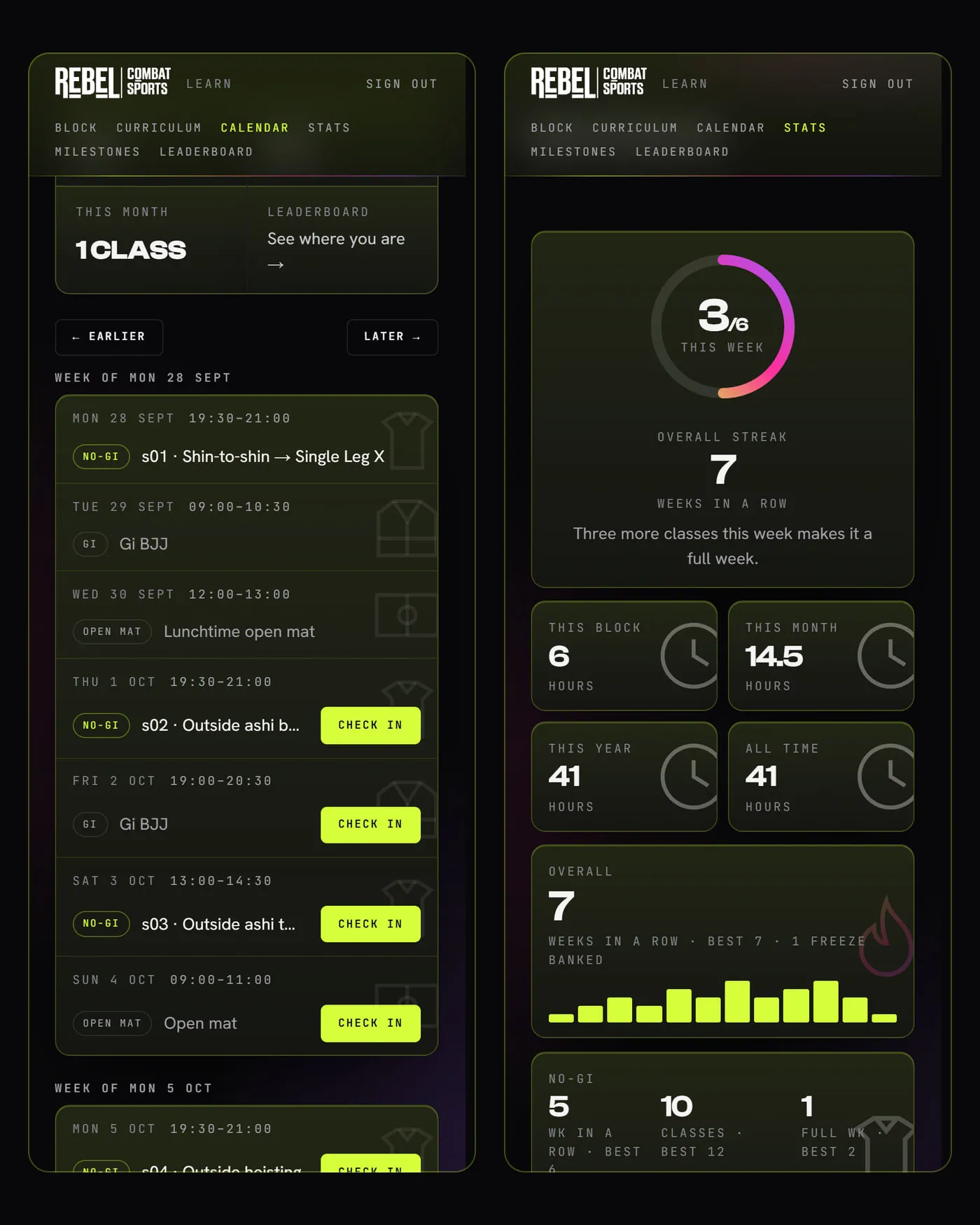 Two screens from Learn. Left: the training calendar, with a check-in button on each session. Right: a member's stats, showing their week so far, their streak and their hours.