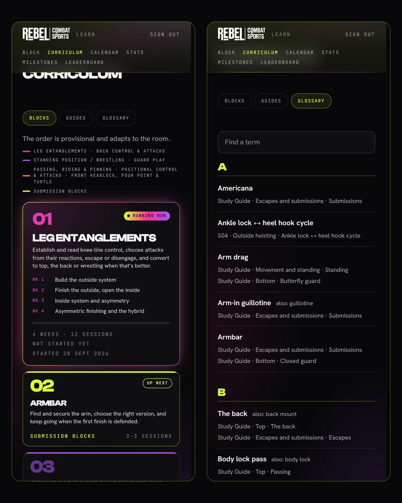 Two screens from Learn. Left: the curriculum, listing each training block in order. Right: the glossary, with each term linked to where it is taught.