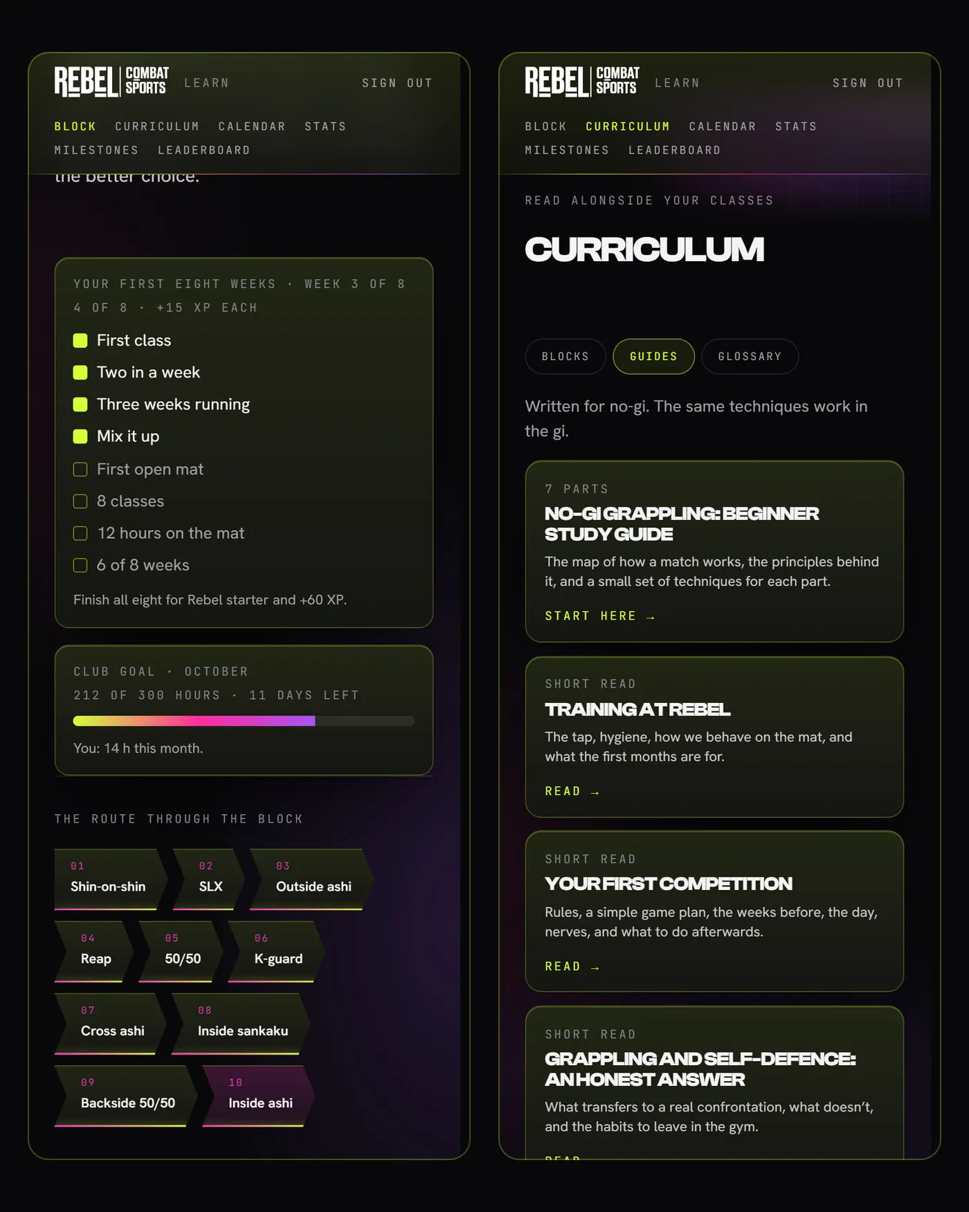 Two screens from Learn. Left: the checklist for a new member's first weeks, above the club's monthly goal. Right: the guides.