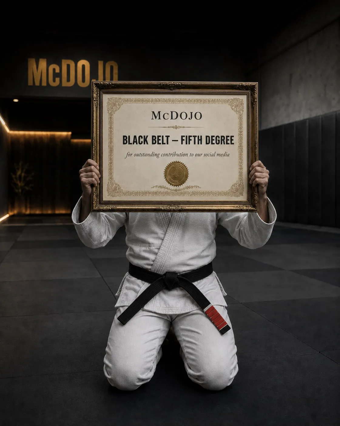 Someone kneeling in a gi and black belt, holding a large framed certificate in front of their face that reads "Black belt — fifth degree, for outstanding contribution to our social media"