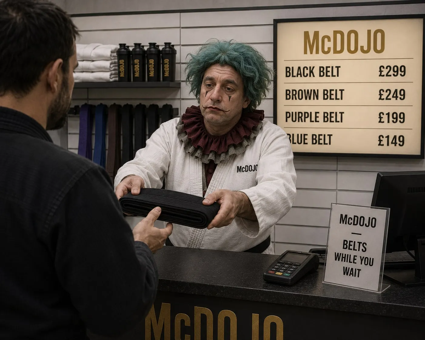 A deadpan clown in a gi handing a black belt across a shop counter, beneath a price board listing belts from £149 to £299