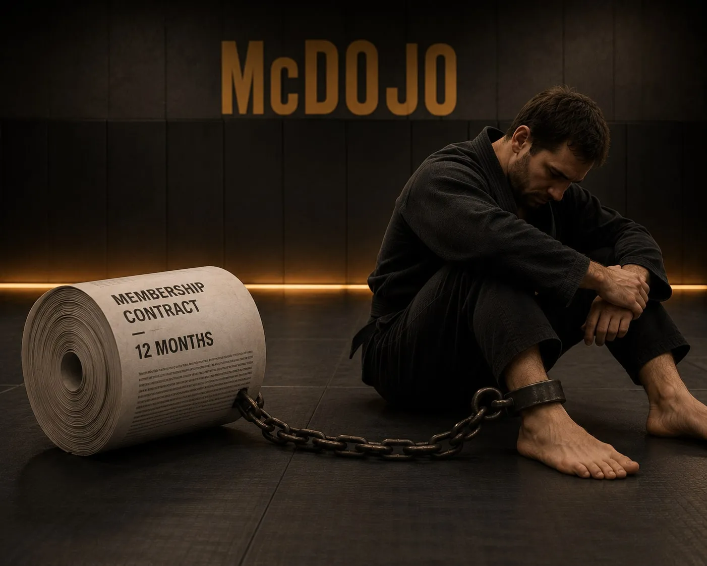 A grappler sitting alone on the mats with his ankle shackled by a chain to an enormous roll of paper headed "Membership contract — 12 months"