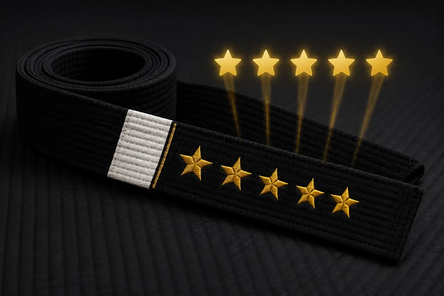 A black belt with five gold stars embroidered along it, and five more glowing review stars rising above