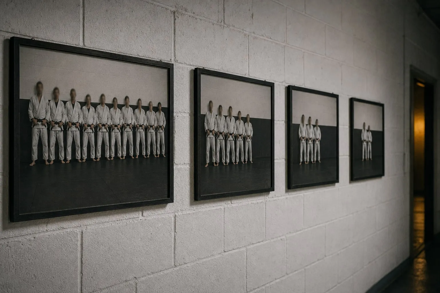 Four framed team photographs hung along a wall, each one showing fewer members than the last
