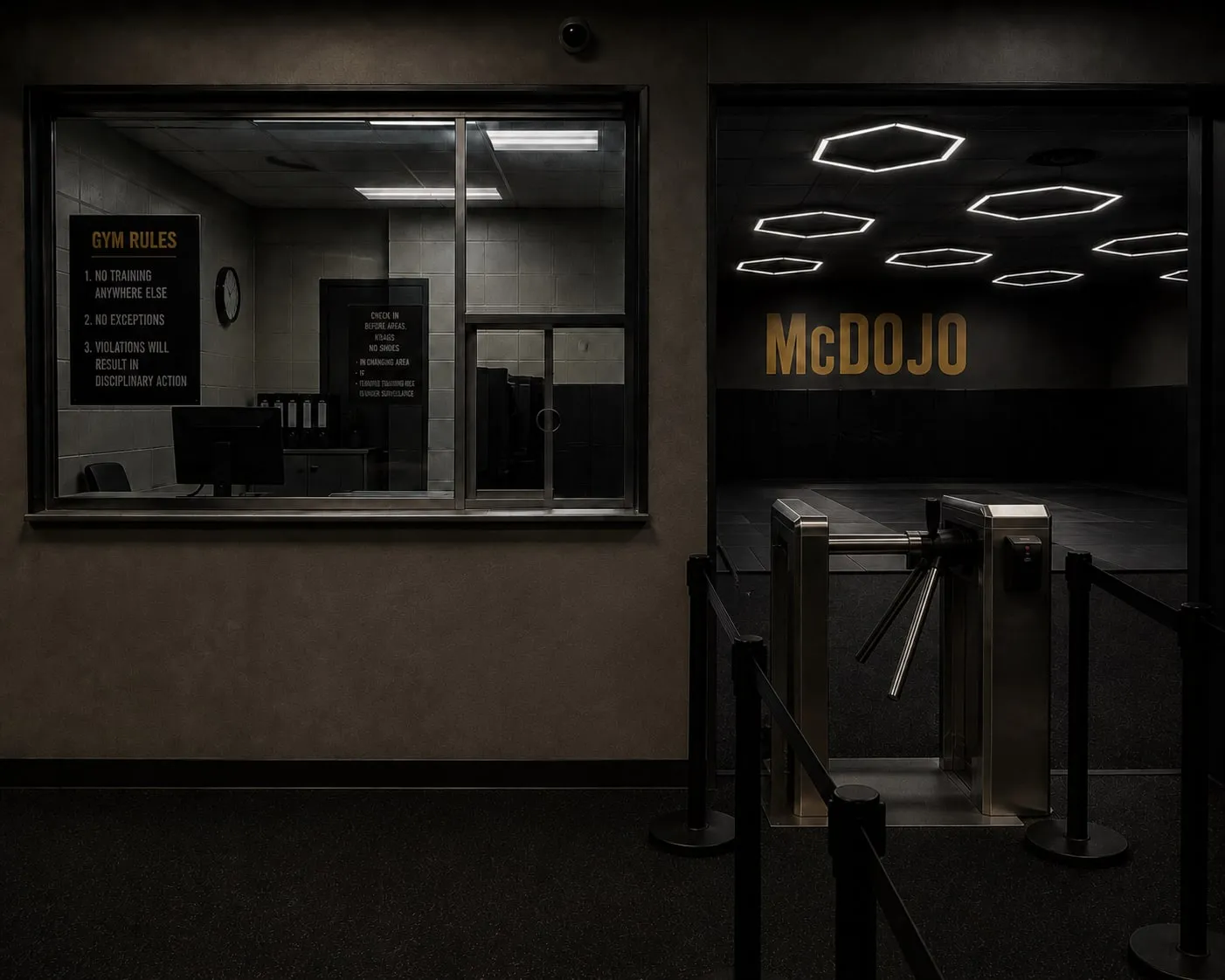 A reception window and a turnstile guarding the only way onto the mat, with a notice inside reading "Gym rules: 1. No training anywhere else. 2. No exceptions."