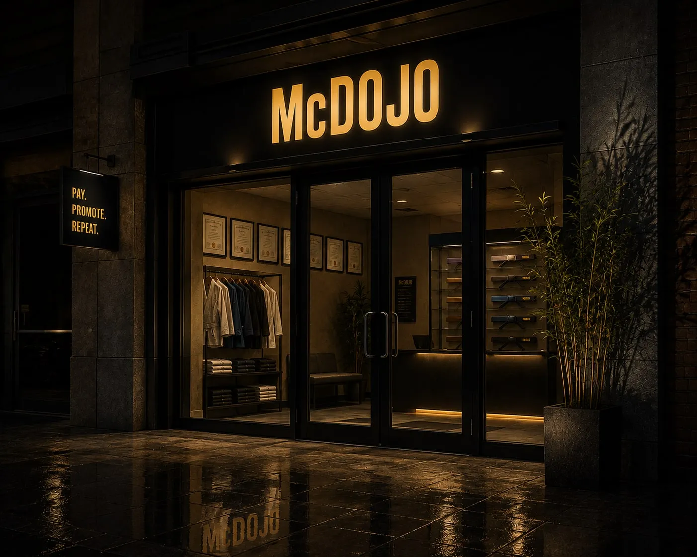 A martial arts gym shopfront at night, its lit sign reading McDojo, with a smaller hanging sign beside it reading 'Pay. Promote. Repeat.'