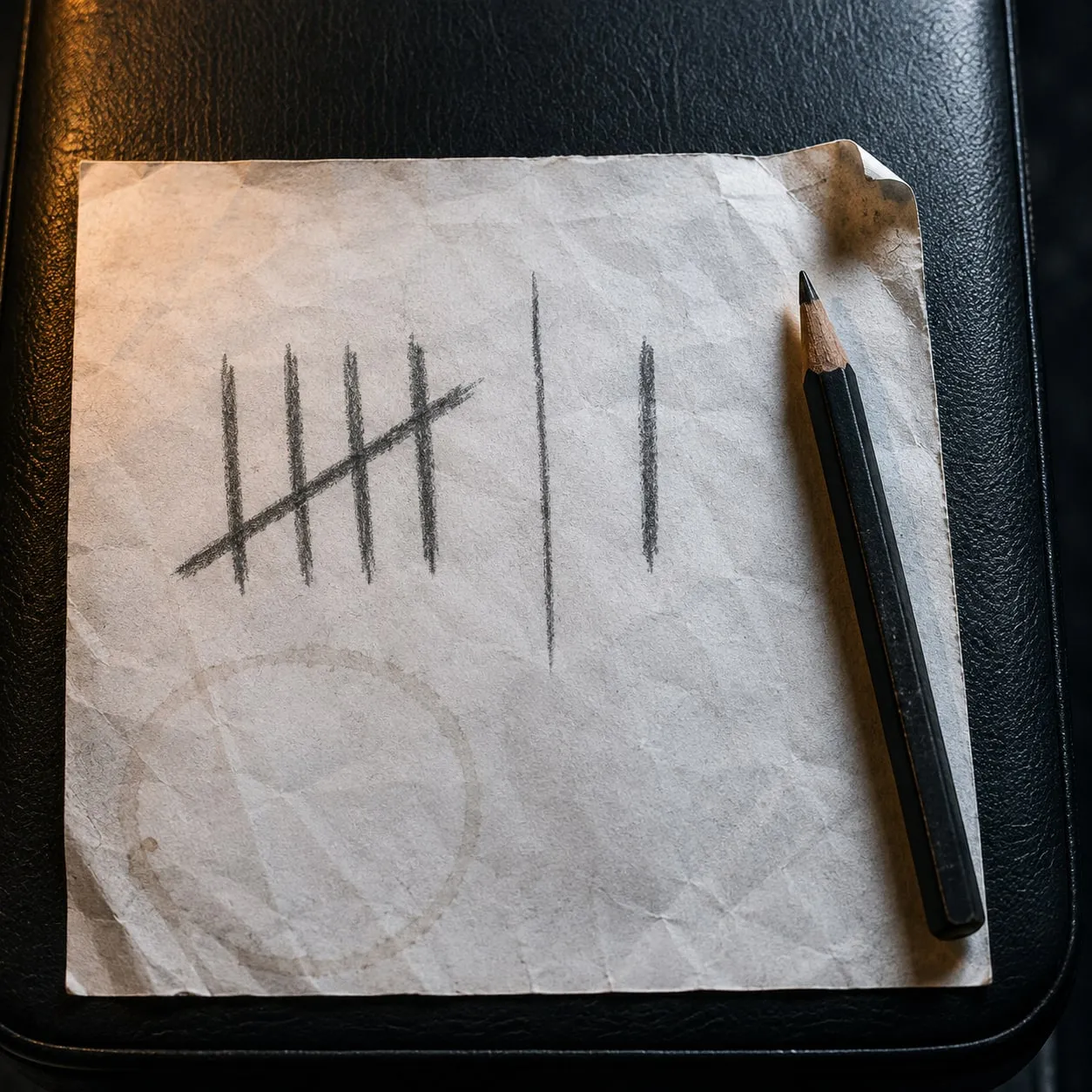 Pencil tally marks on a scrap of paper — five strokes on one side, two on the other