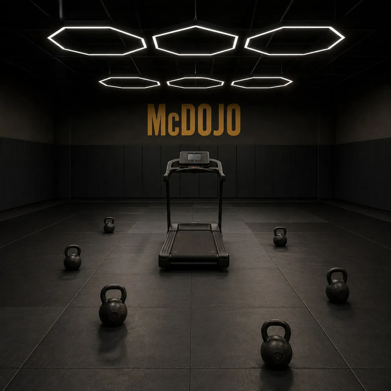 A treadmill and a scattering of kettlebells standing alone in the middle of an empty grappling mat