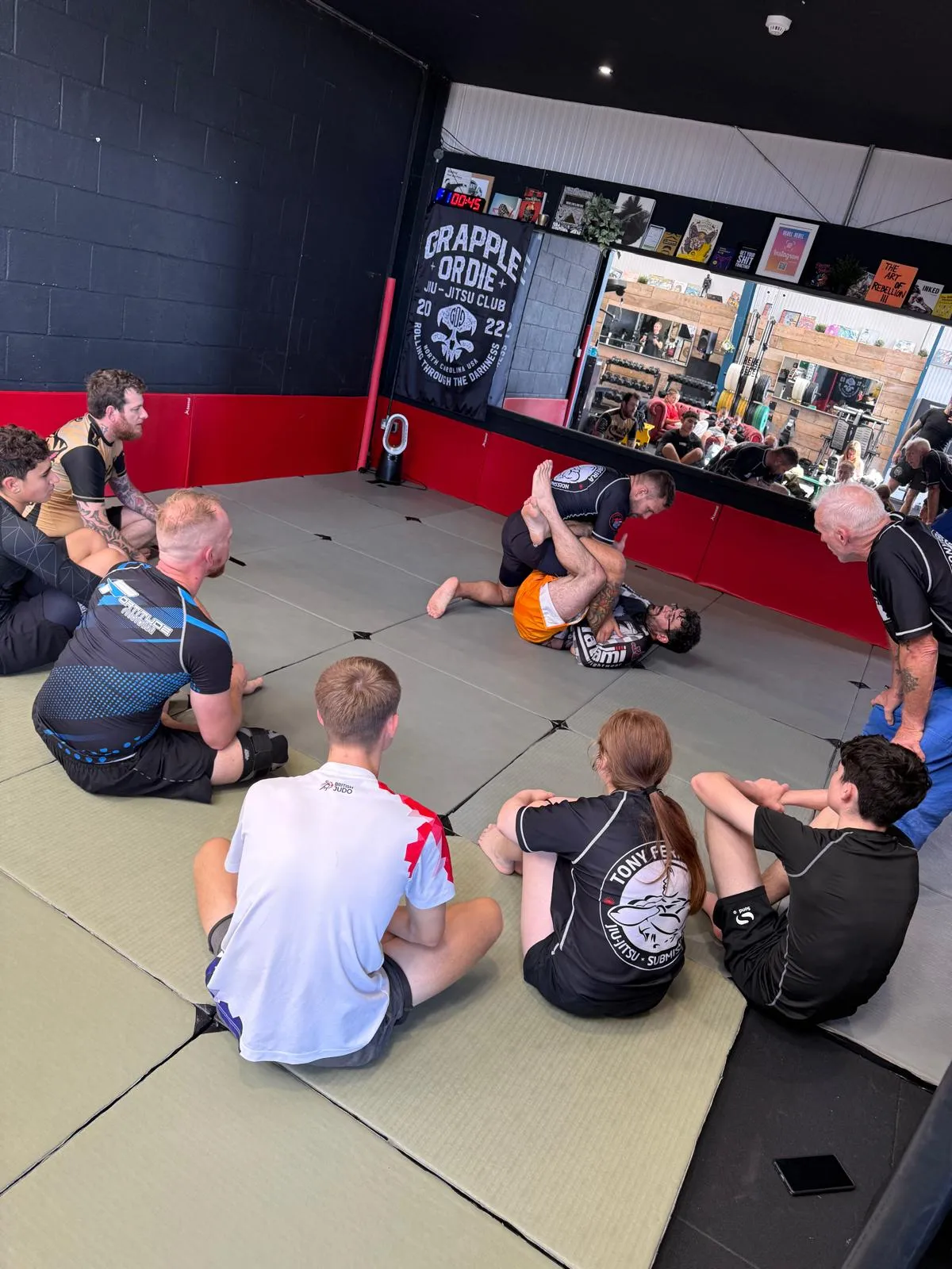 A group of grapplers of mixed ages and experience training together
